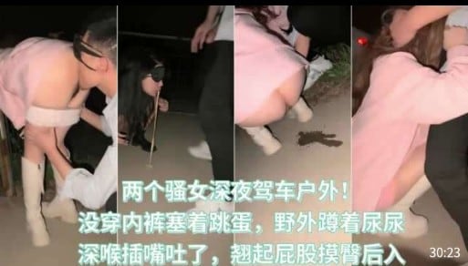 两个骚女深夜驾车户外，没穿内裤塞着跳蛋，野外蹲着尿尿，深喉插嘴