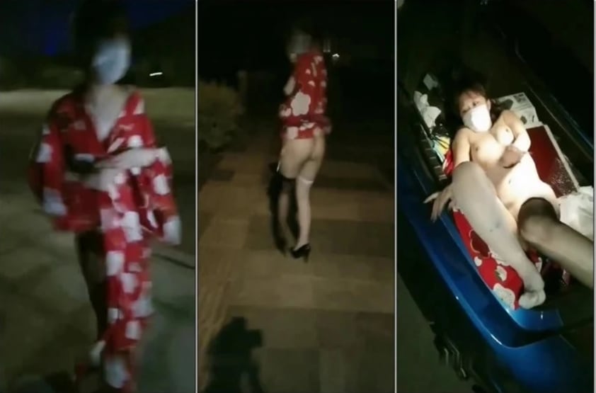 橙橙小萝莉晚上户外马路边露出玩SM，黑白丝高跟鞋全裸路上按摩器自慰，黑绳绑在柱子上跪地爬行